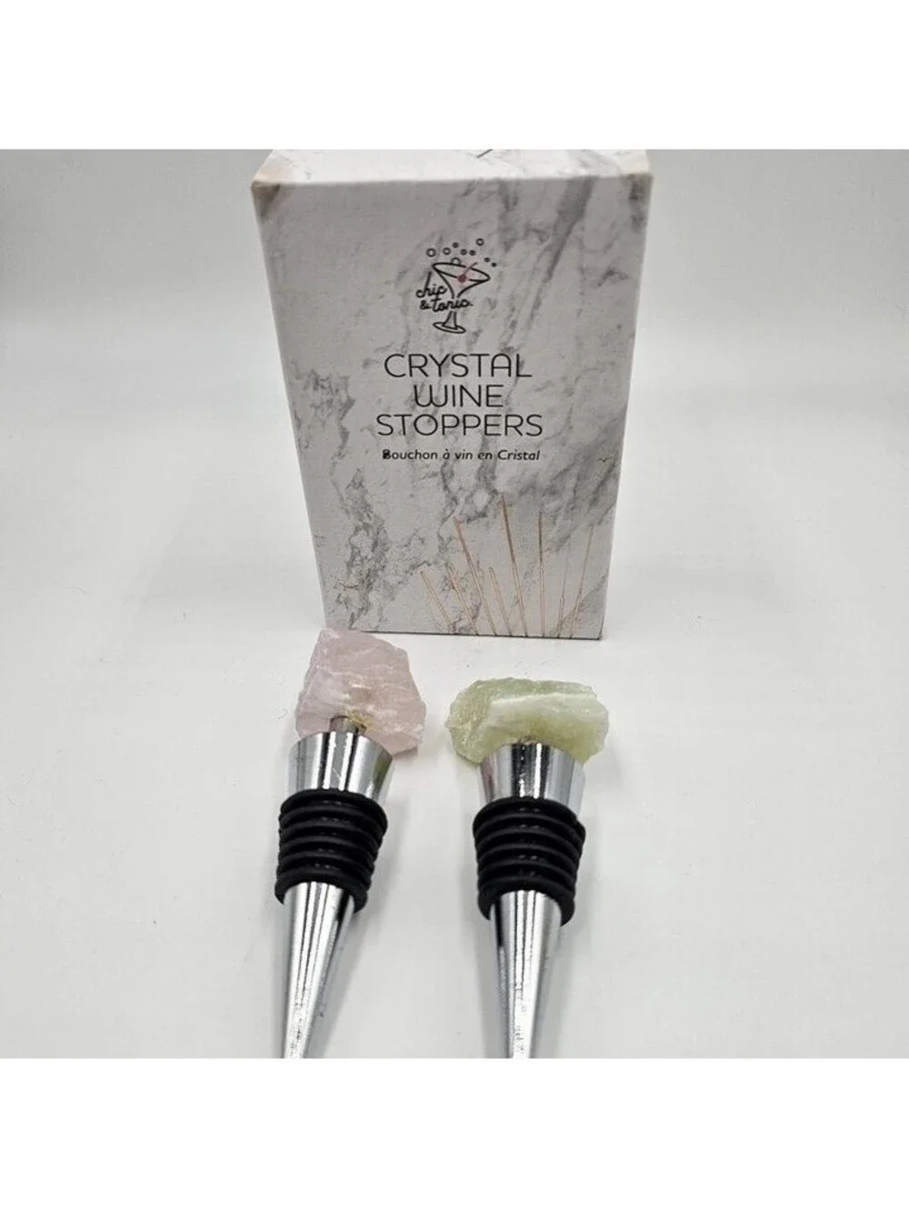 Chic & Tonic Crystal Wine Stoppers Set of 2 Rose Quartz and New Jade Stone New